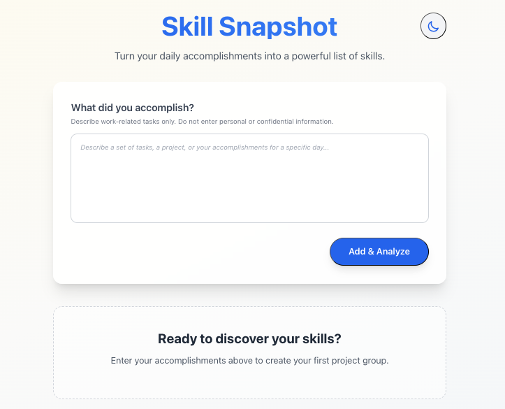 Skill Snapshot turning a daily accomplishment into grouped skills and talking points